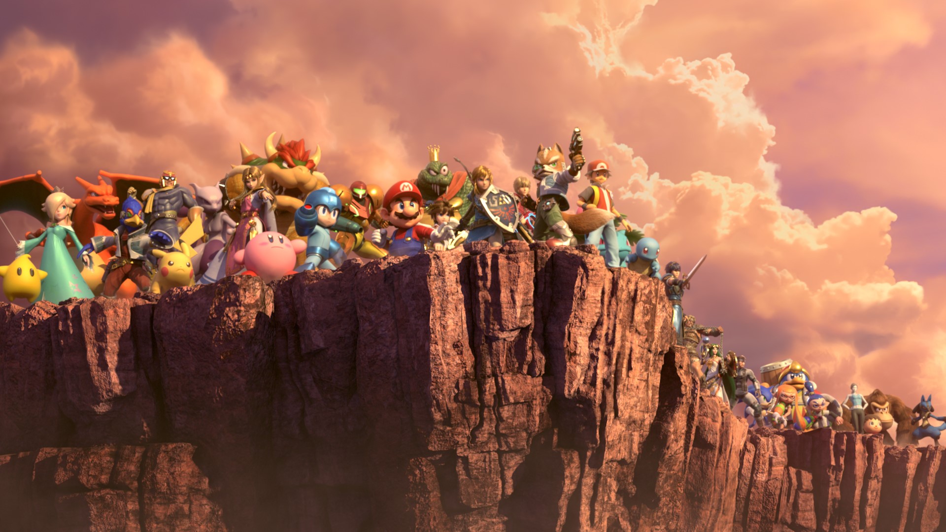 Super Smash Bros. Ultimate screenshot: stylized 3d, side-scrolling, no outlines, soft gradient (cutscene, character, environment)