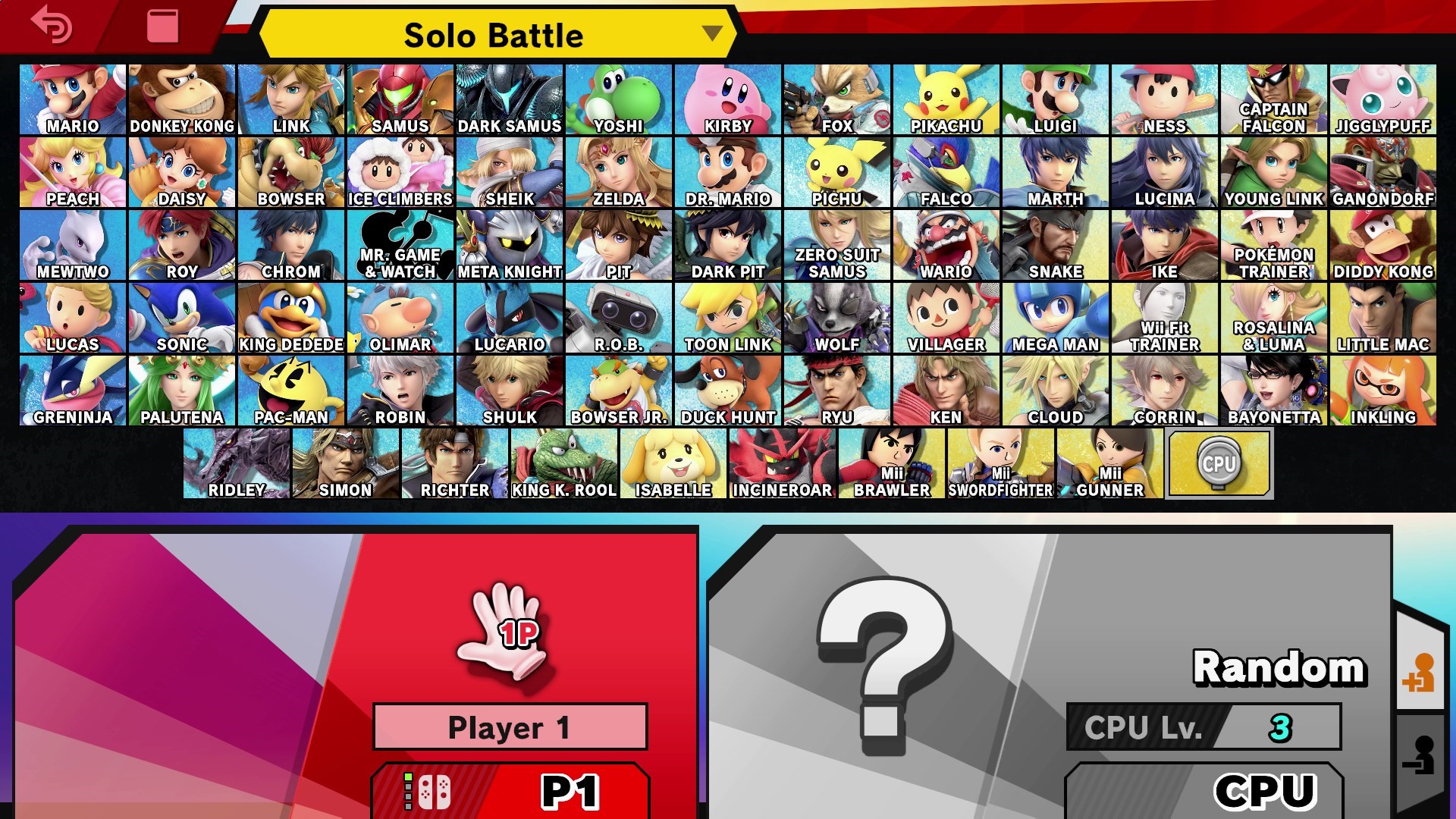 Super Smash Bros. Ultimate screenshot: stylized 3d, side-scrolling, no outlines, soft gradient (ui / menu)