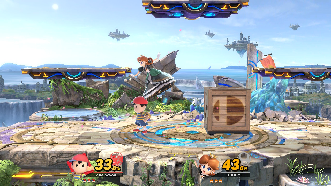 Super Smash Bros. Ultimate screenshot: stylized 3d, side-scrolling, no outlines, soft gradient (environment, combat)