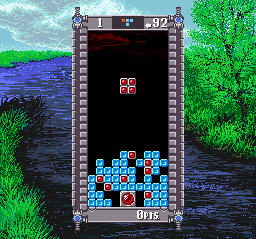 Super Tetris 2 + Bombliss screenshot: pixel art, fixed camera, colored outlines, dithered shading (ui / menu)