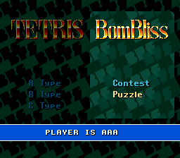 Super Tetris 2 + Bombliss screenshot: pixel art, fixed camera, colored outlines, dithered shading (ui / menu)
