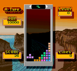 Super Tetris 2 + Bombliss screenshot: pixel art, fixed camera, colored outlines, dithered shading (ui / menu)