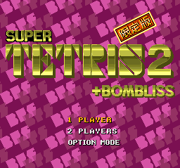 Super Tetris 2 + Bombliss screenshot: pixel art, fixed camera, colored outlines, dithered shading (ui / menu)