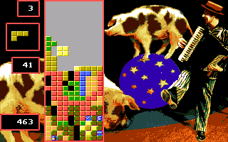 Super Tetris screenshot: pixel art, fixed camera, no outlines, dithered shading (ui / menu, character)