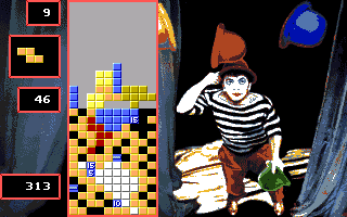 Super Tetris screenshot: pixel art, fixed camera, no outlines, dithered shading (ui / menu, character)