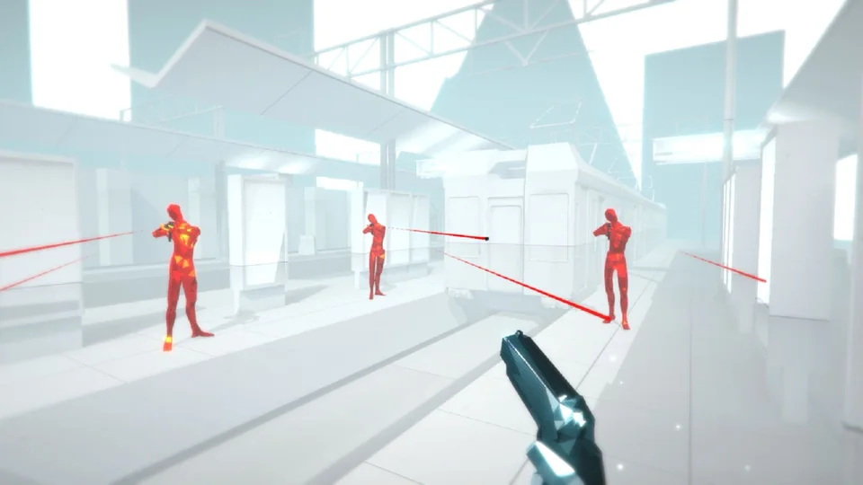 Superhot screenshot: minimalist, low-poly, first-person, no outlines, flat / unlit (combat)