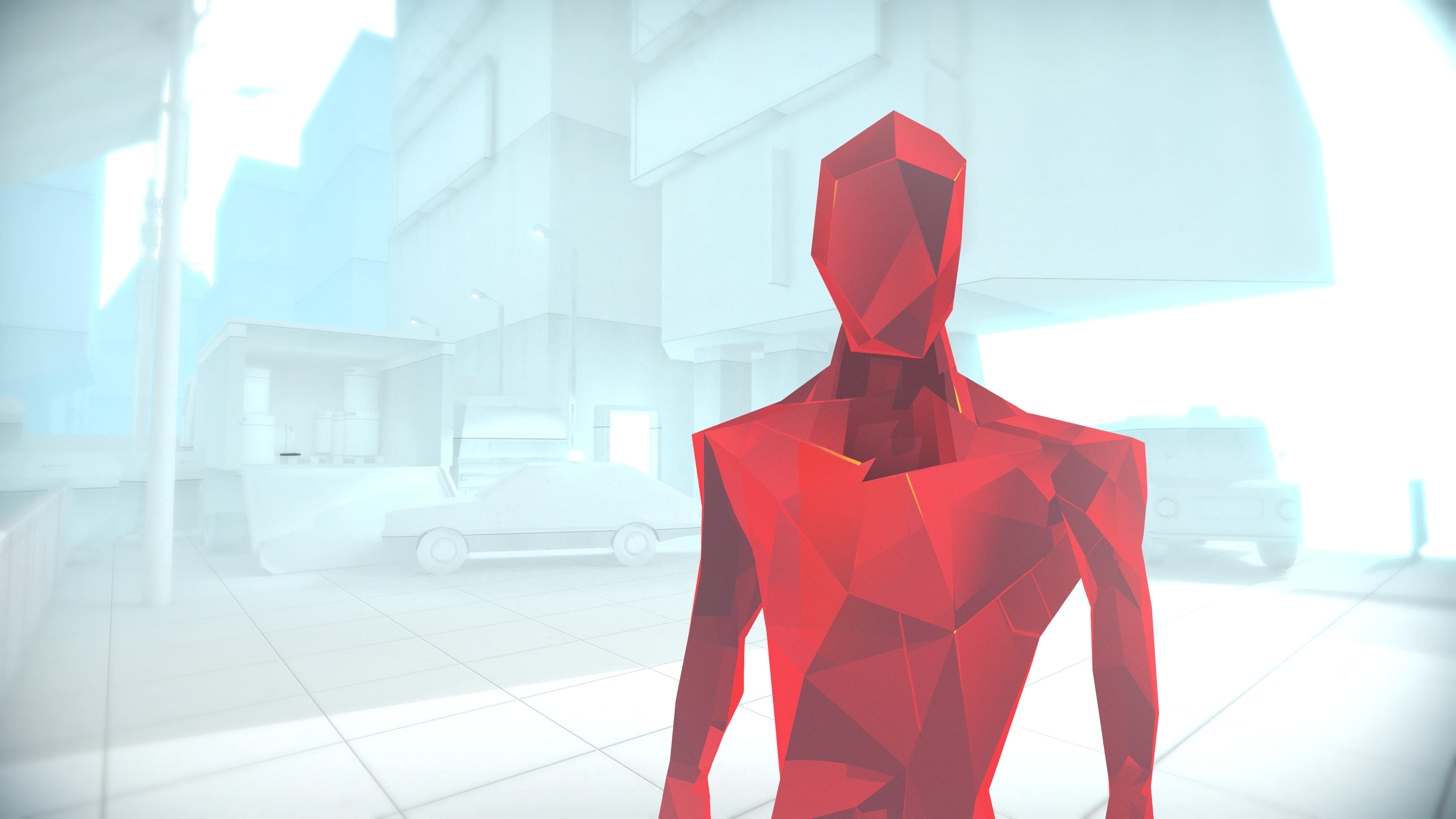 SUPERHOT screenshot: low-poly, minimalist, first-person, no outlines, soft gradient (character, environment)