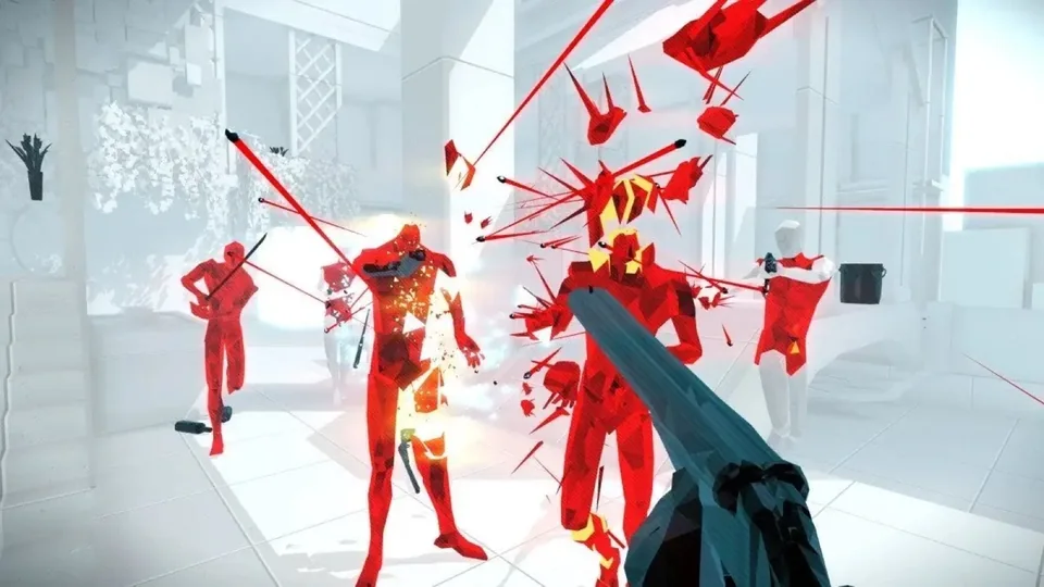 Superhot screenshot: minimalist, low-poly, first-person, no outlines, flat / unlit (combat)