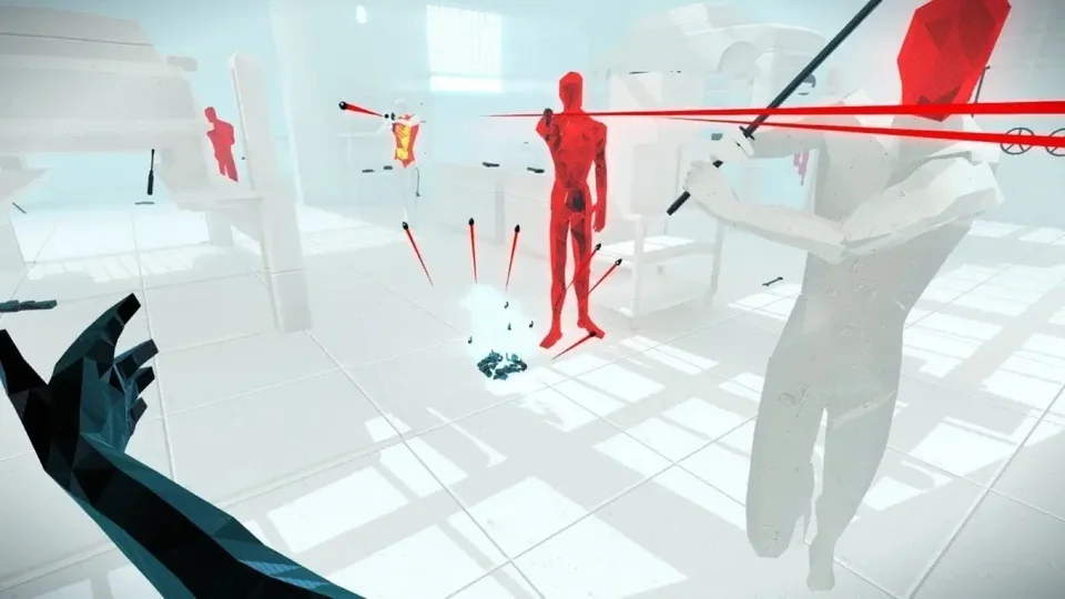 Superhot screenshot: minimalist, low-poly, first-person, no outlines, flat / unlit (combat)