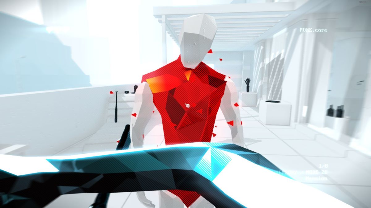SUPERHOT: MIND CONTROL DELETE screenshot: low-poly, minimalist, first-person, no outlines, soft gradient (environment, character, combat)