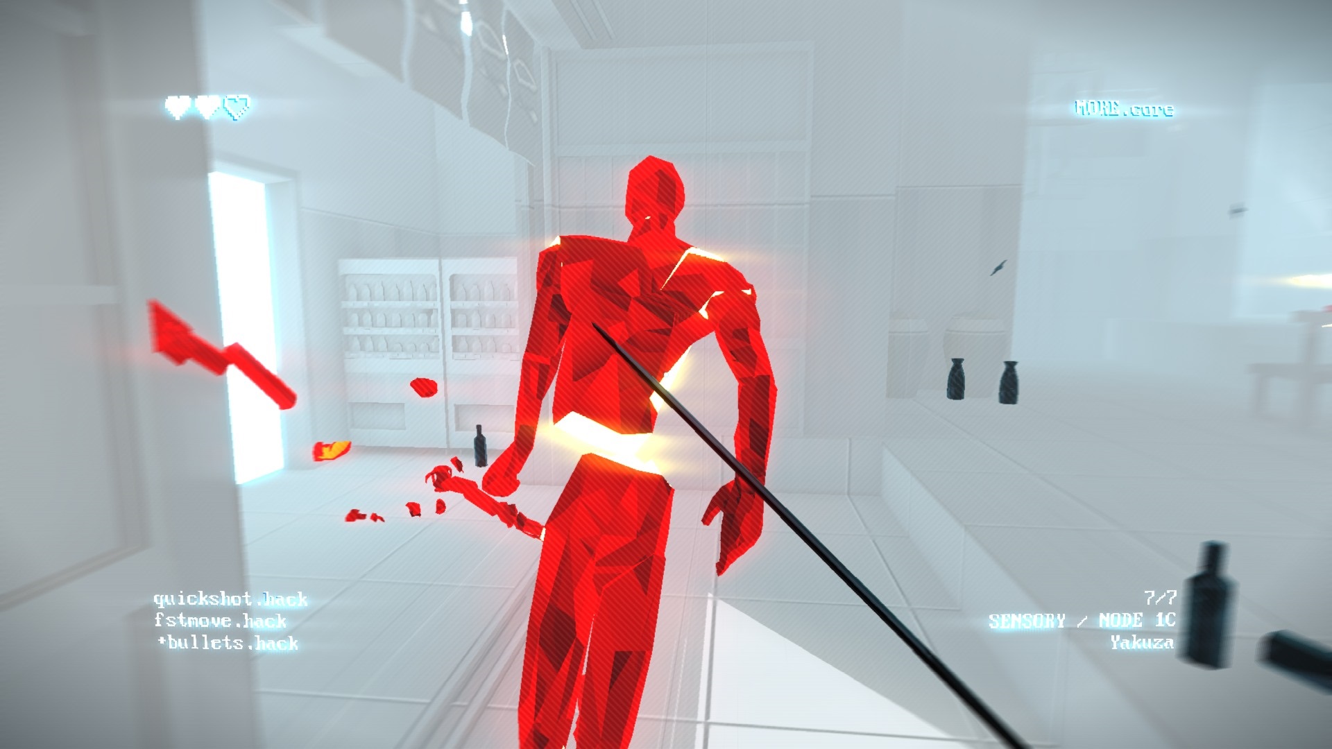 SUPERHOT: MIND CONTROL DELETE screenshot: low-poly, minimalist, first-person, no outlines, soft gradient (environment, character, combat)