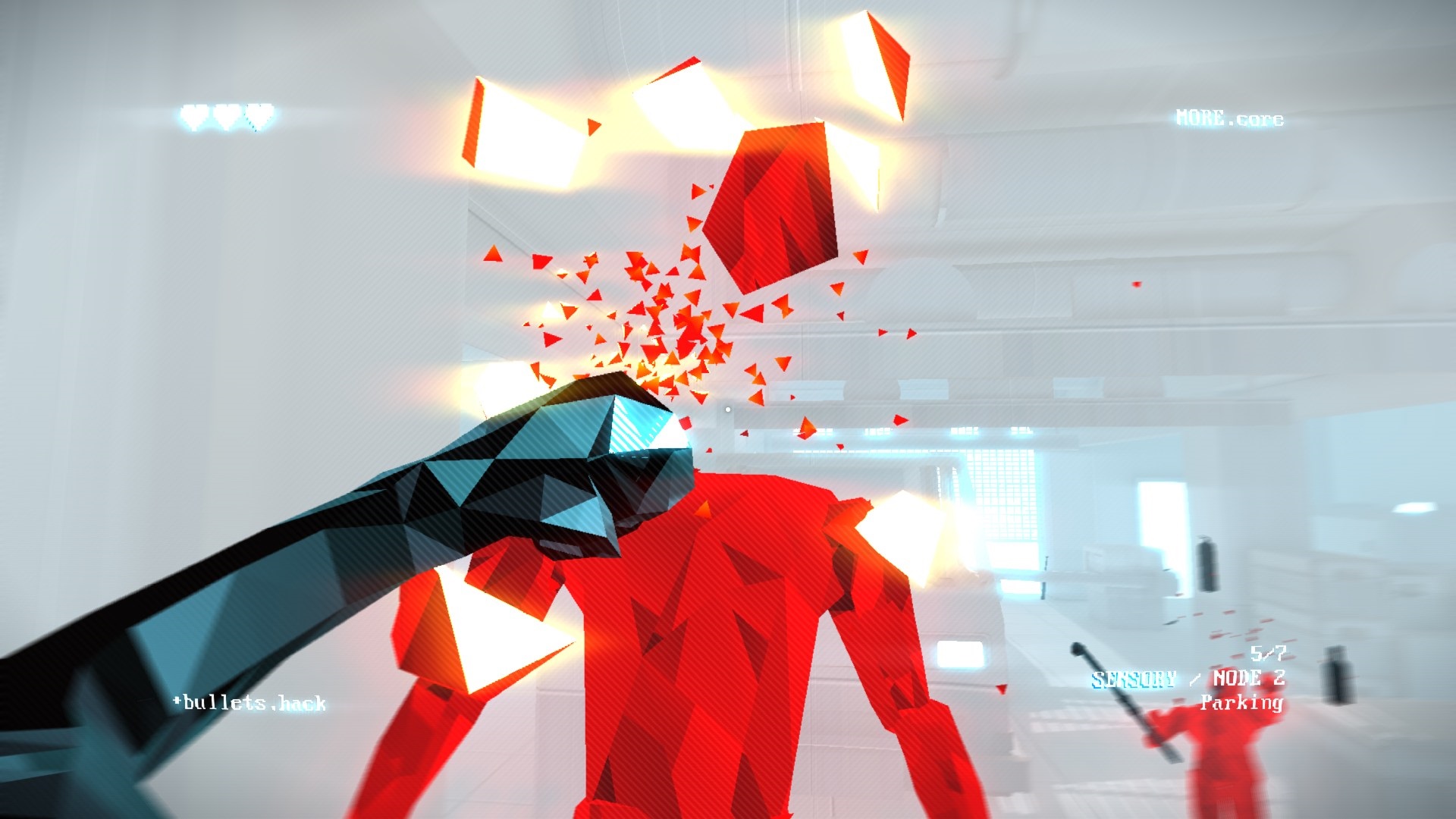 SUPERHOT: MIND CONTROL DELETE screenshot: low-poly, minimalist, first-person, no outlines, soft gradient (environment, character, combat)