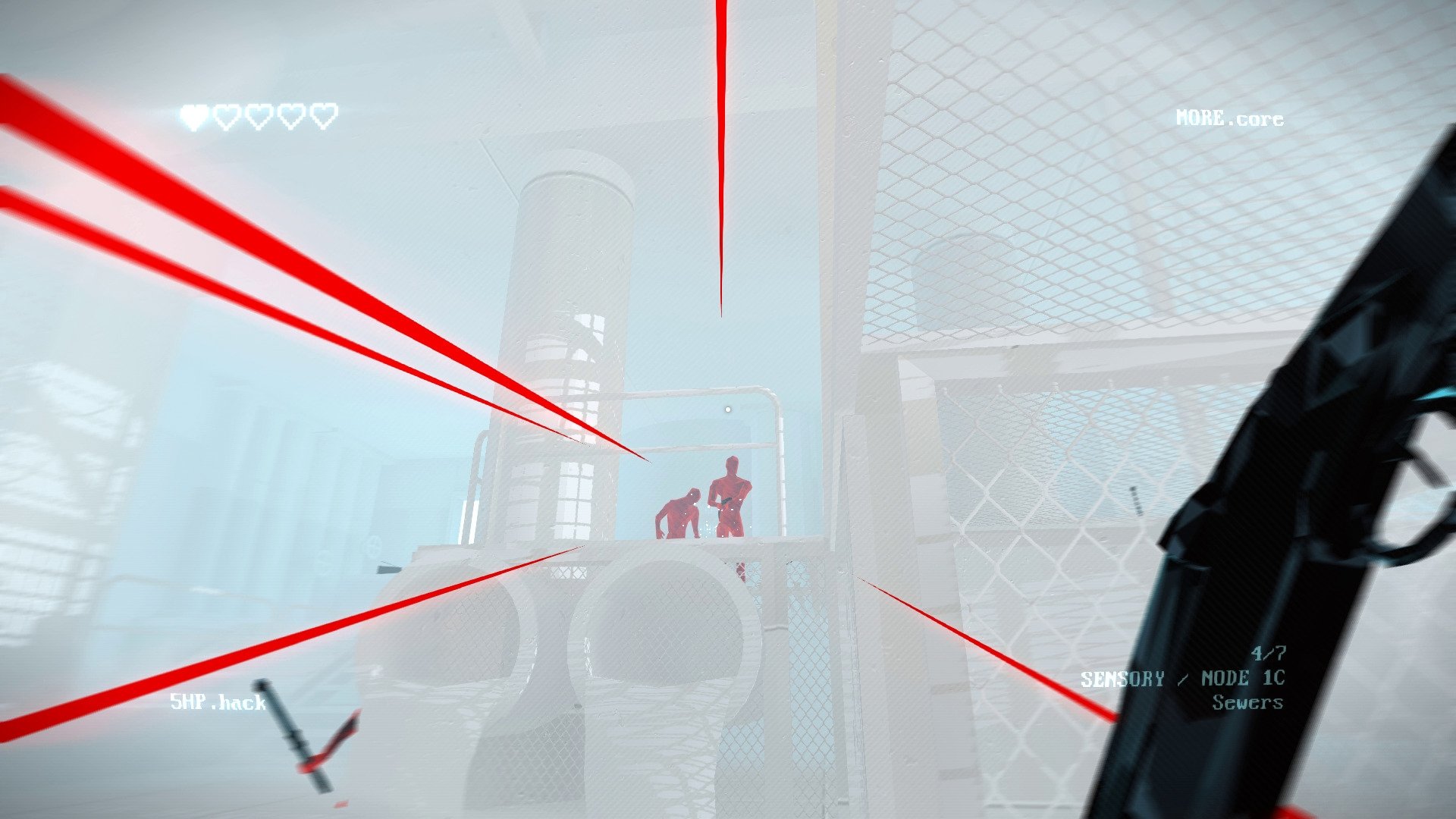 SUPERHOT: MIND CONTROL DELETE screenshot: low-poly, minimalist, first-person, no outlines, soft gradient (environment, combat)