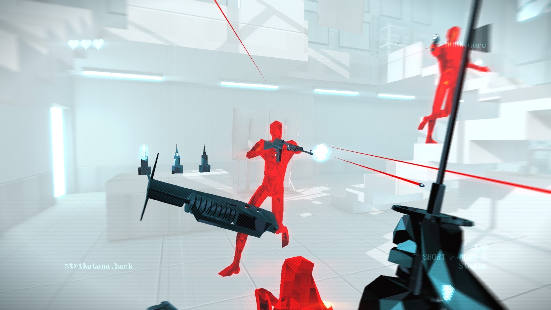 SUPERHOT: MIND CONTROL DELETE screenshot: low-poly, minimalist, first-person, no outlines, soft gradient (environment, character, combat)