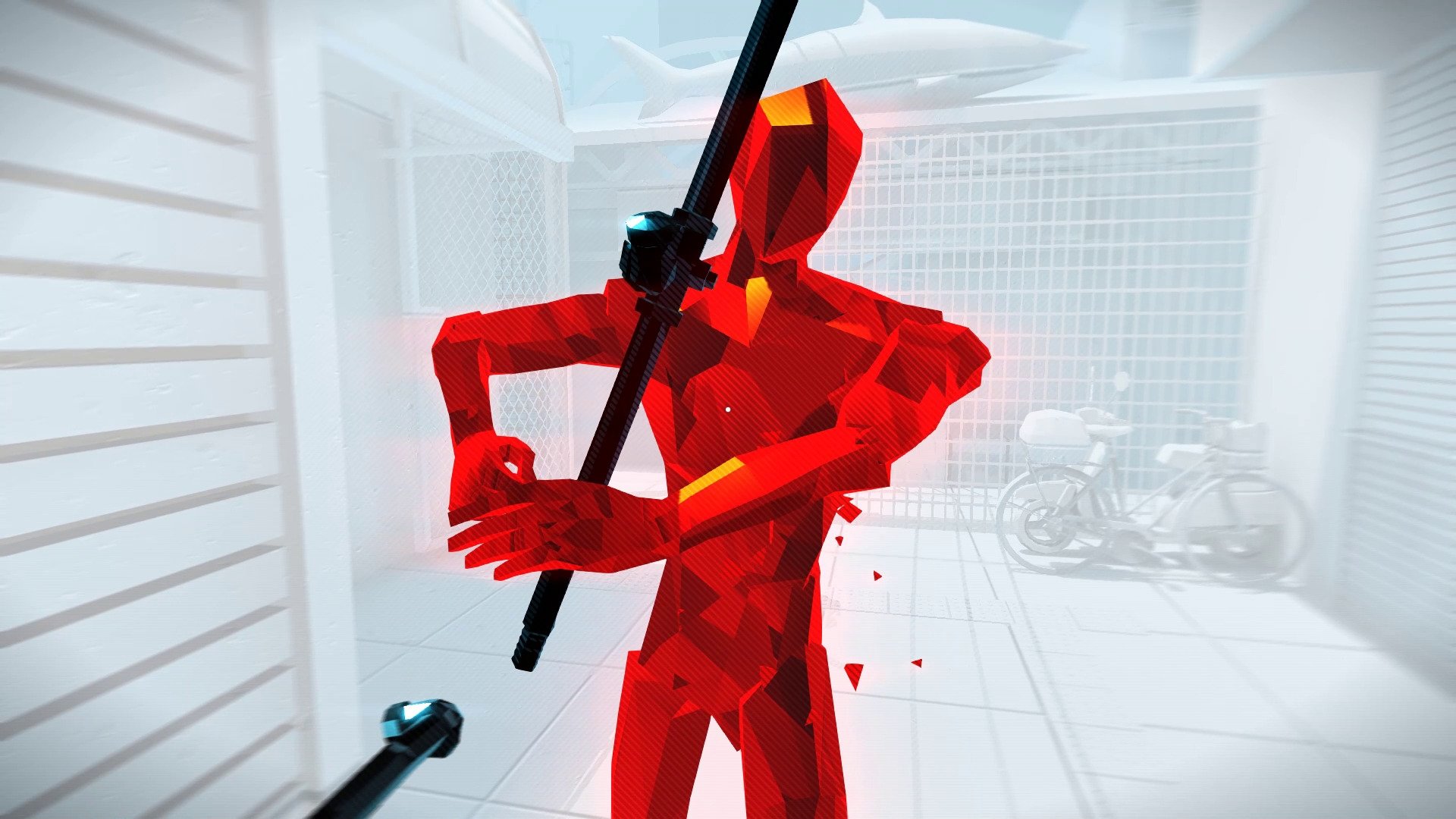 SUPERHOT: MIND CONTROL DELETE screenshot: low-poly, minimalist, first-person, no outlines, soft gradient (environment, character, combat)
