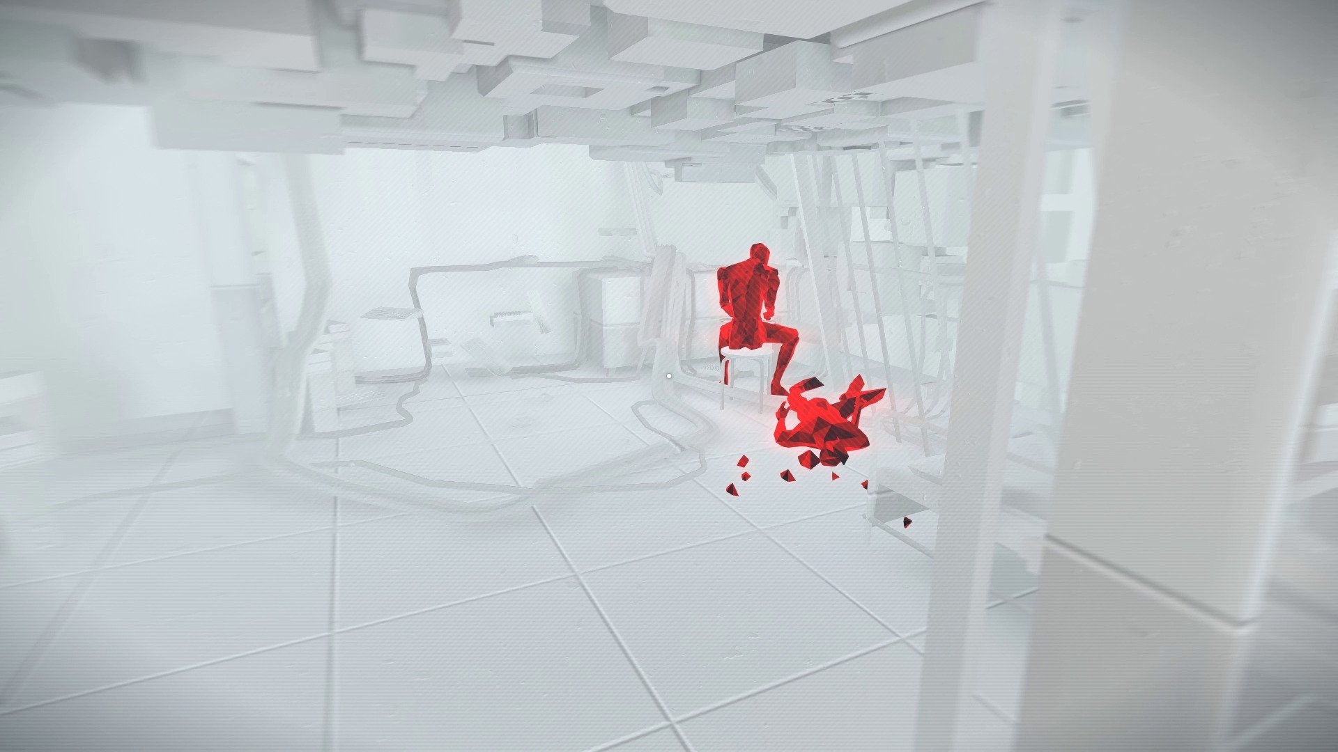 SUPERHOT: MIND CONTROL DELETE screenshot: low-poly, minimalist, first-person, no outlines, soft gradient (environment, combat)