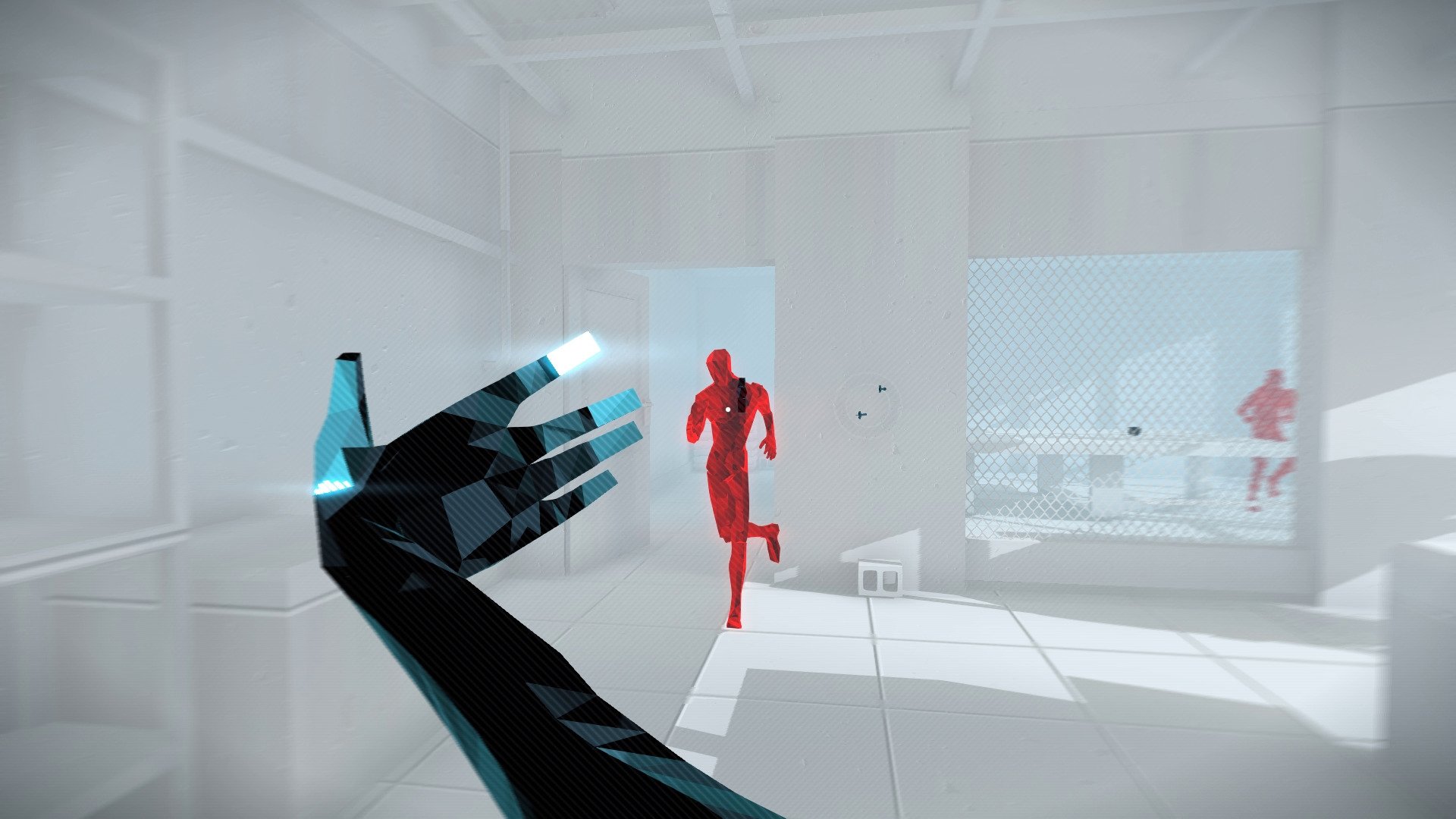 SUPERHOT: MIND CONTROL DELETE screenshot: low-poly, minimalist, first-person, no outlines, soft gradient (environment, combat)