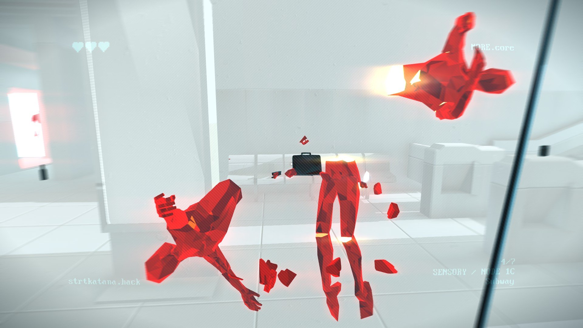 SUPERHOT: MIND CONTROL DELETE screenshot: low-poly, minimalist, first-person, no outlines, soft gradient (environment, combat)