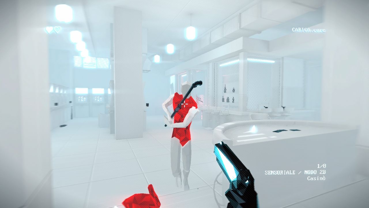 SUPERHOT: MIND CONTROL DELETE screenshot: low-poly, minimalist, first-person, no outlines, soft gradient (environment, combat)