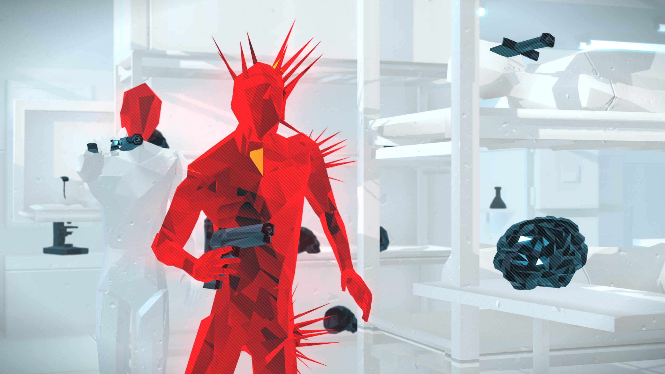 SUPERHOT: MIND CONTROL DELETE screenshot: low-poly, minimalist, first-person, no outlines, soft gradient (environment, character, combat)