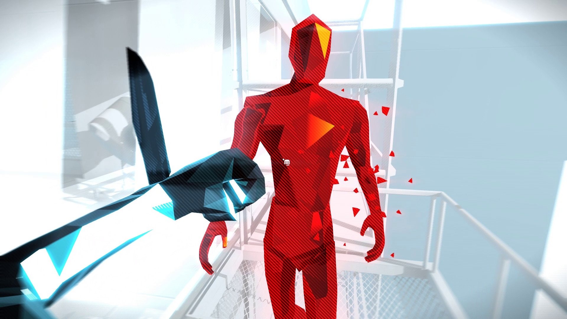 SUPERHOT: MIND CONTROL DELETE screenshot: low-poly, minimalist, first-person, no outlines, soft gradient (environment, character, combat)
