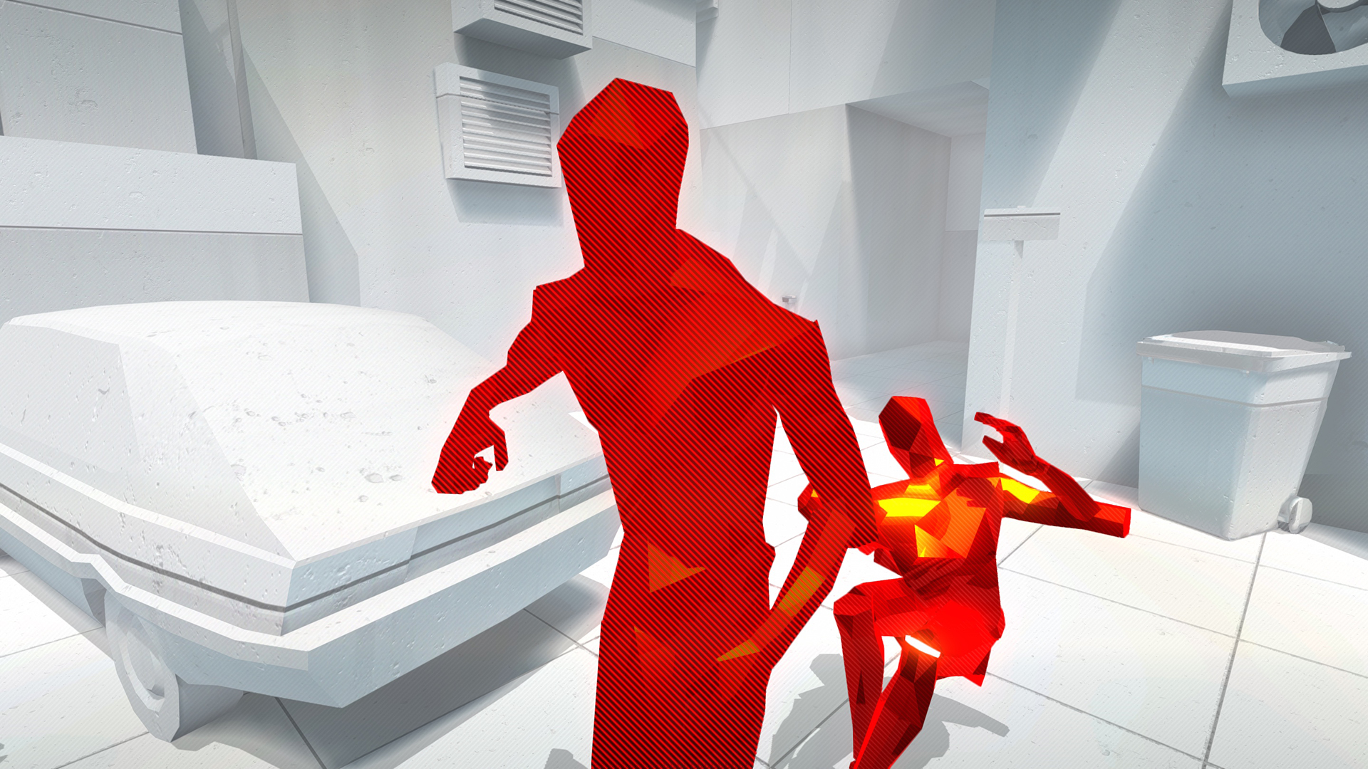 SUPERHOT: MIND CONTROL DELETE screenshot: low-poly, minimalist, first-person, no outlines, soft gradient (environment, character, combat)