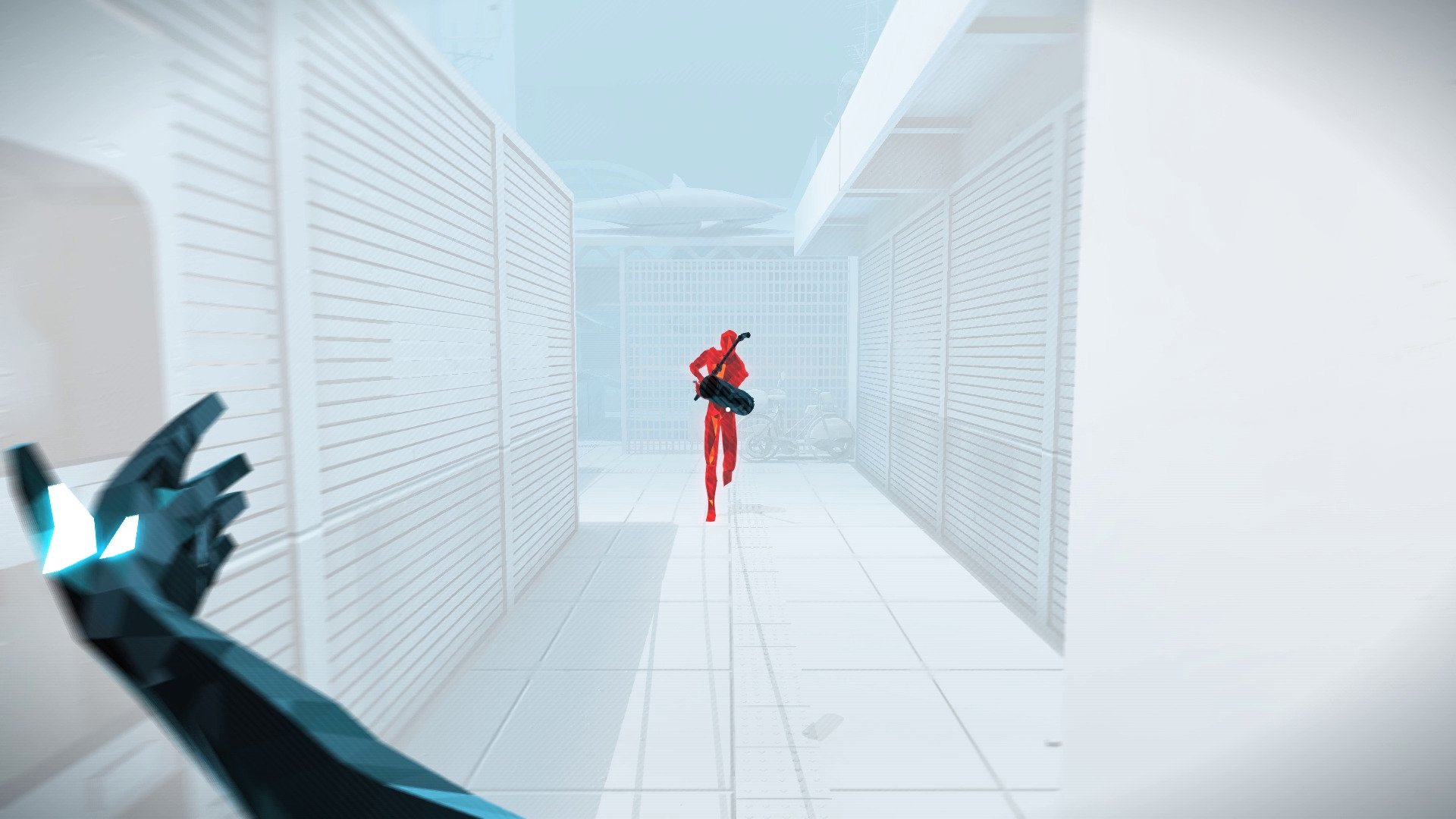 SUPERHOT: MIND CONTROL DELETE screenshot: low-poly, minimalist, first-person, no outlines, soft gradient (environment, combat)