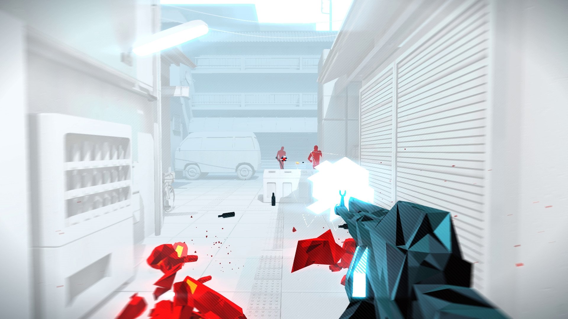SUPERHOT: MIND CONTROL DELETE screenshot: low-poly, minimalist, first-person, no outlines, soft gradient (environment, combat)