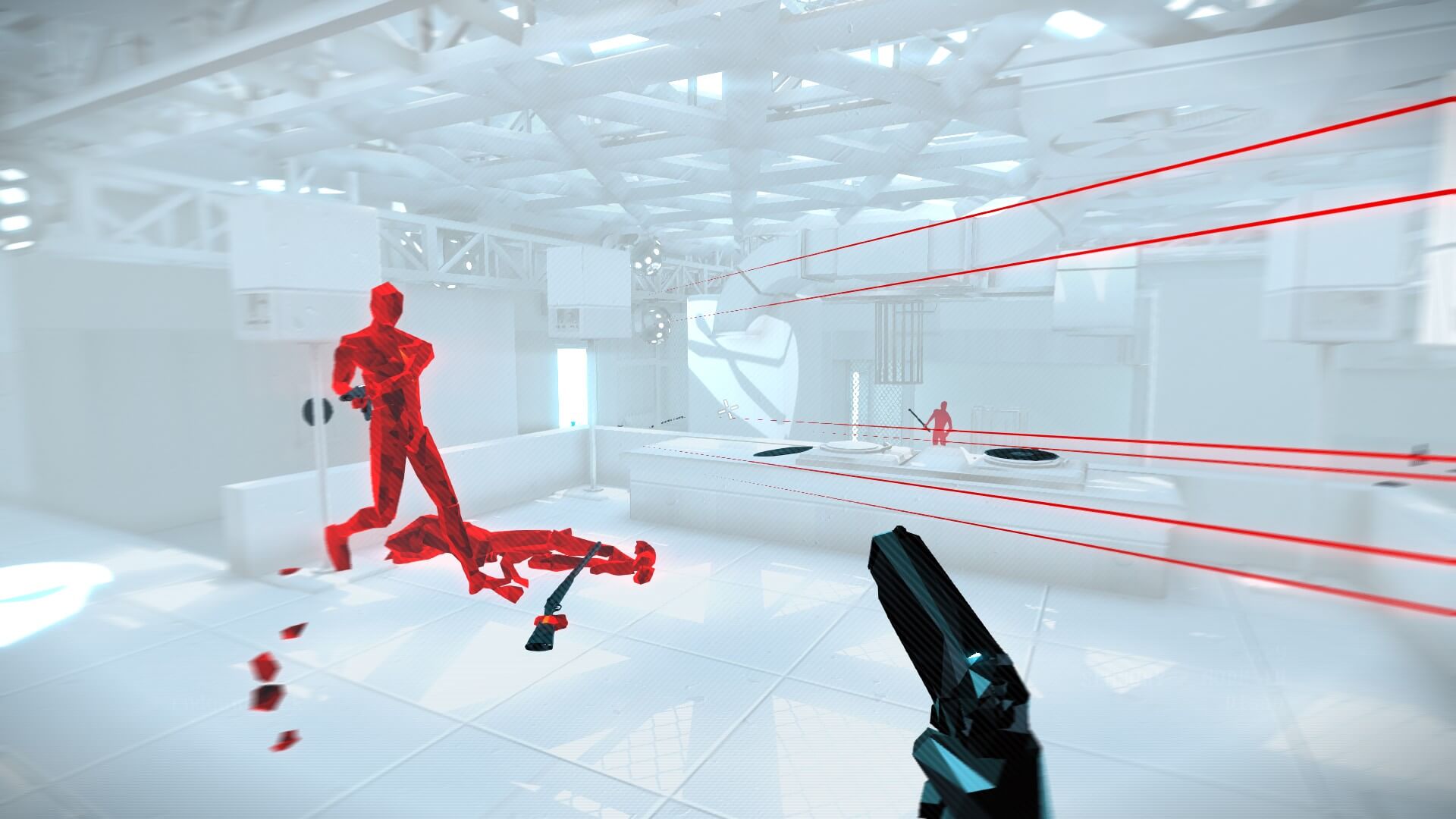 SUPERHOT: MIND CONTROL DELETE screenshot: low-poly, minimalist, first-person, no outlines, soft gradient (environment, combat)