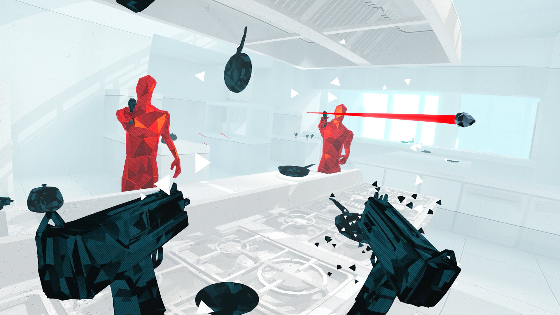SUPERHOT VR screenshot: low-poly, minimalist, first-person, no outlines, soft gradient (environment, combat)