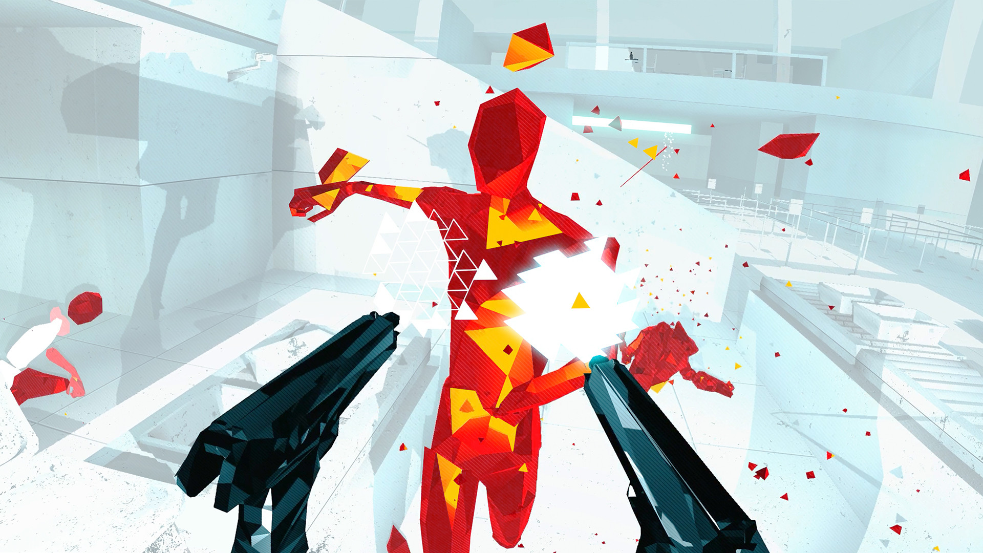 SUPERHOT VR screenshot: low-poly, minimalist, first-person, no outlines, soft gradient (character, combat)
