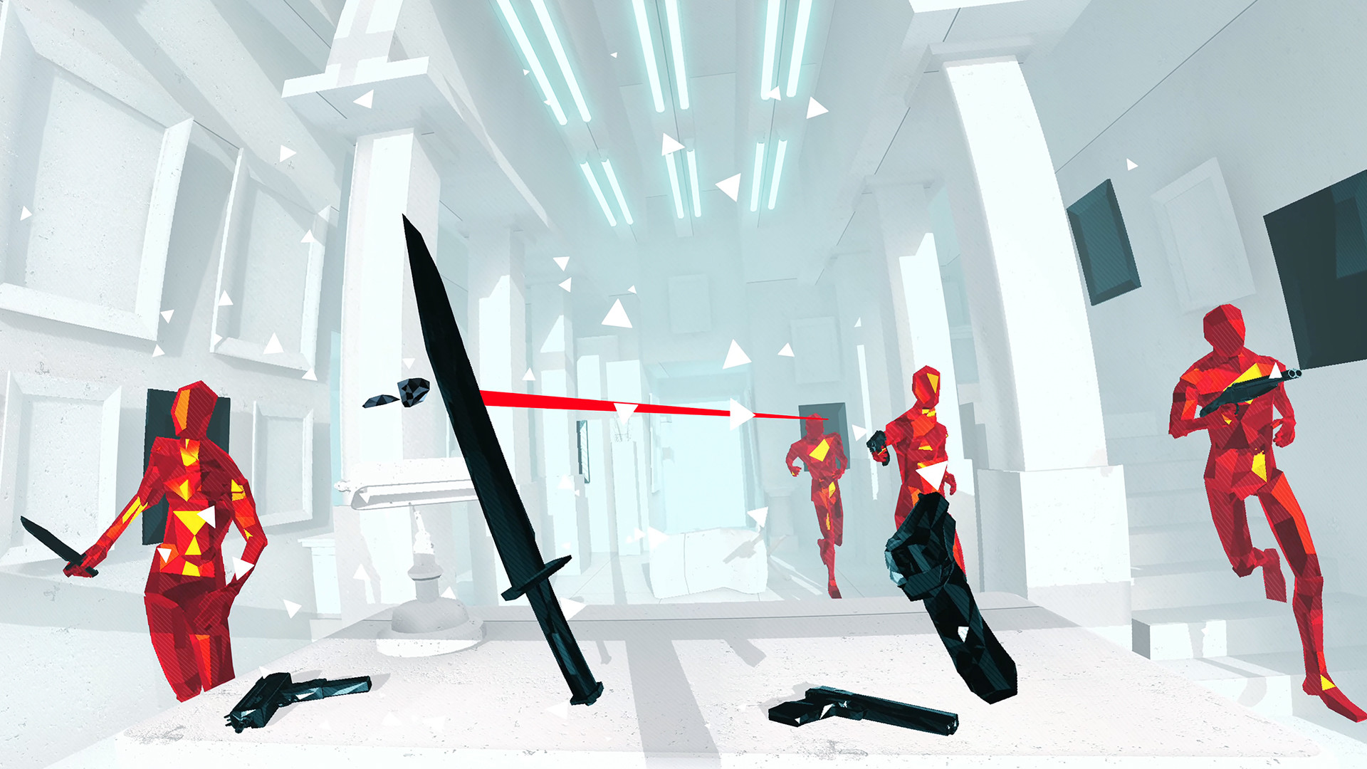 SUPERHOT VR screenshot: low-poly, minimalist, first-person, no outlines, soft gradient (environment, combat)