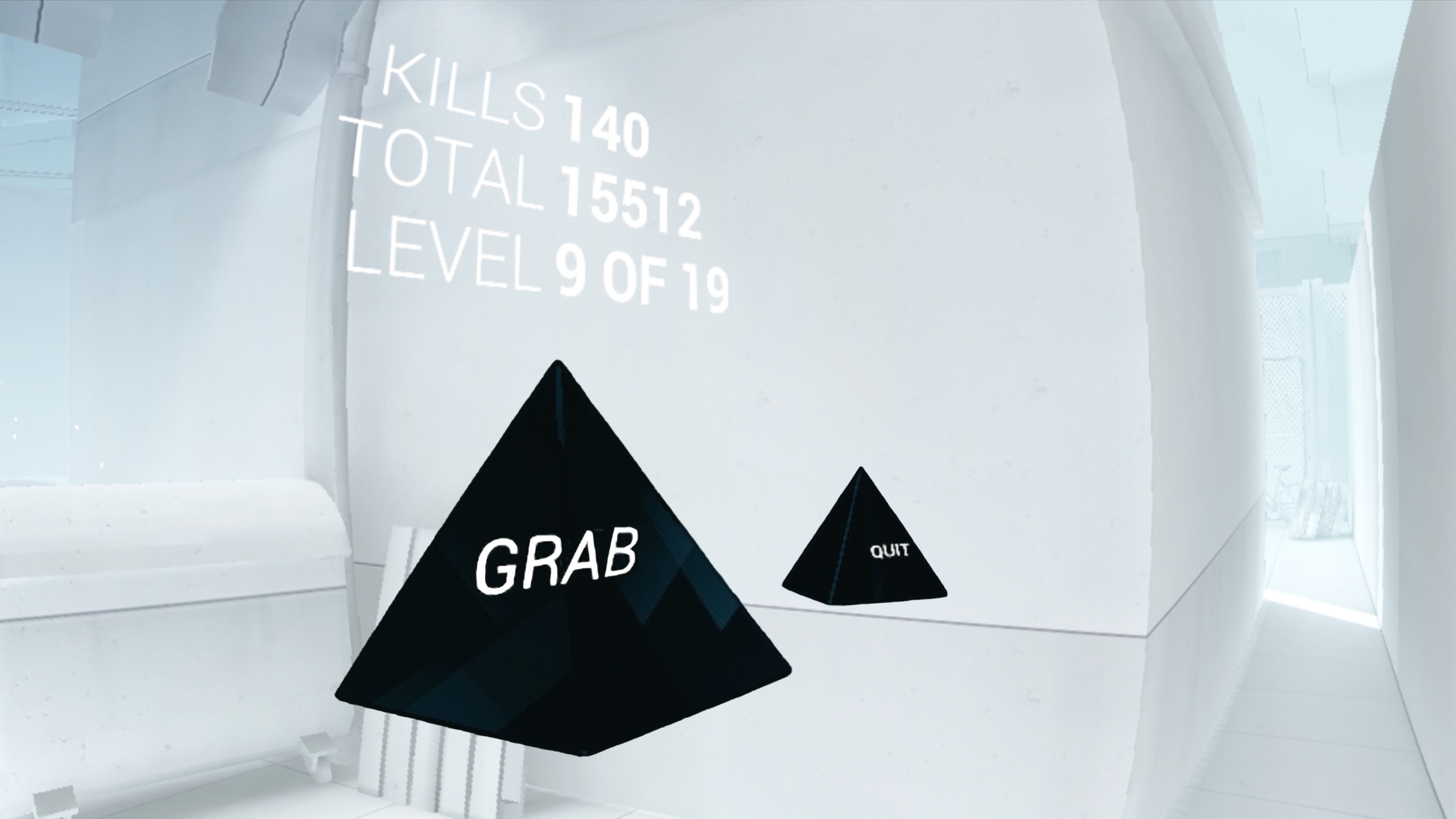 SUPERHOT VR: Arcade Edition screenshot: low-poly, minimalist, first-person, no outlines, soft gradient (ui / menu)
