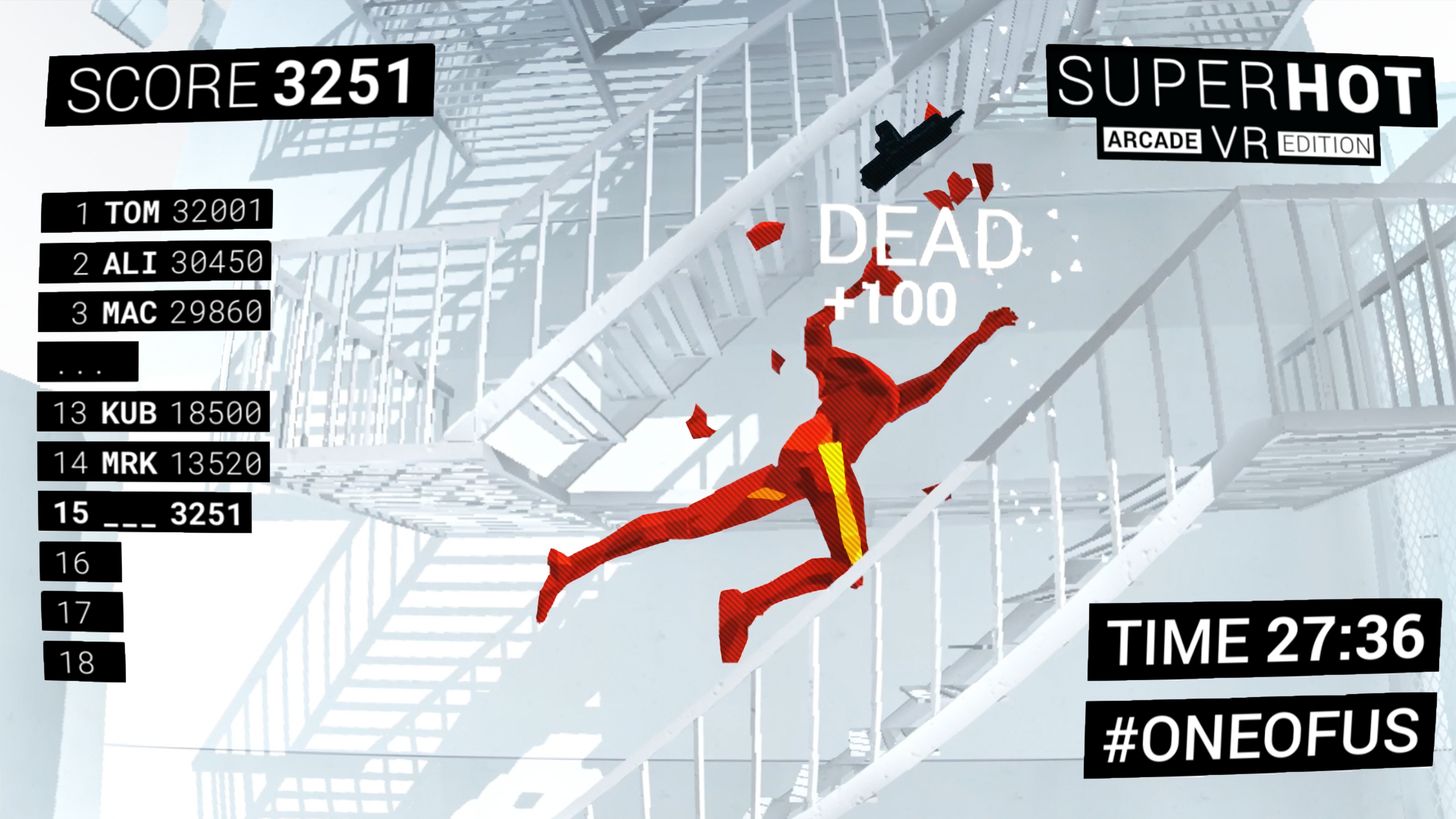 SUPERHOT VR: Arcade Edition screenshot: low-poly, minimalist, first-person, no outlines, soft gradient (environment, character, combat)