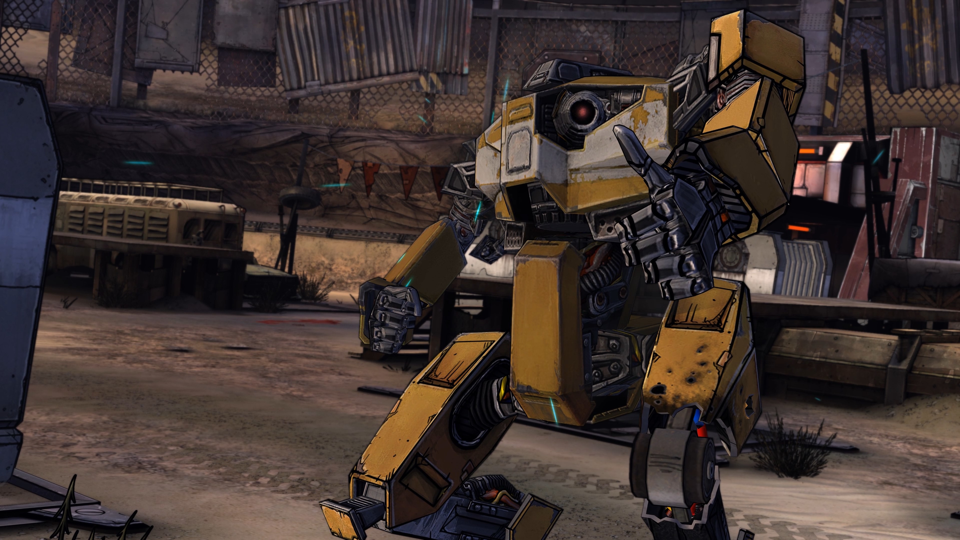 Tales from the Borderlands screenshot: cel-shaded, third-person, fixed camera, black outlines, soft gradient (environment, character)