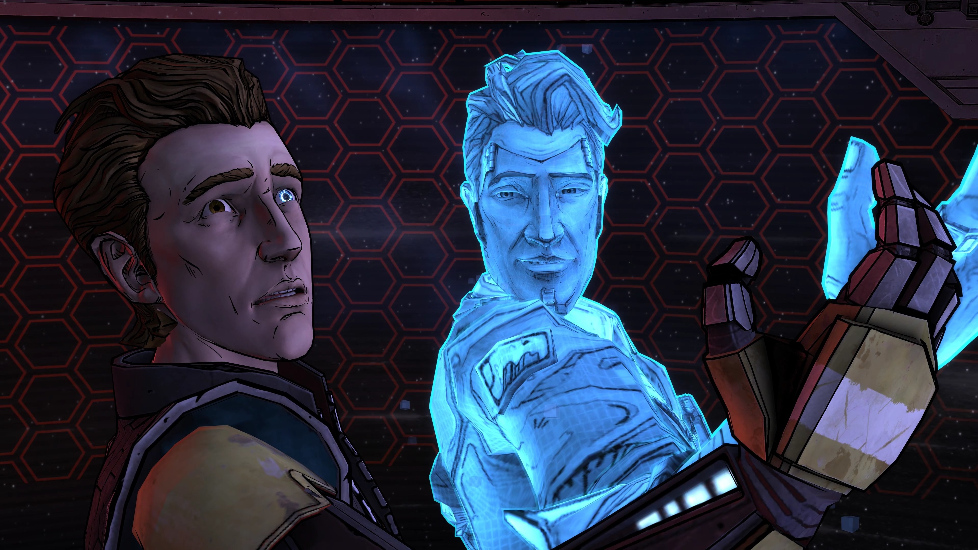 Tales from the Borderlands screenshot: cel-shaded, third-person, fixed camera, black outlines, soft gradient (character, cutscene)