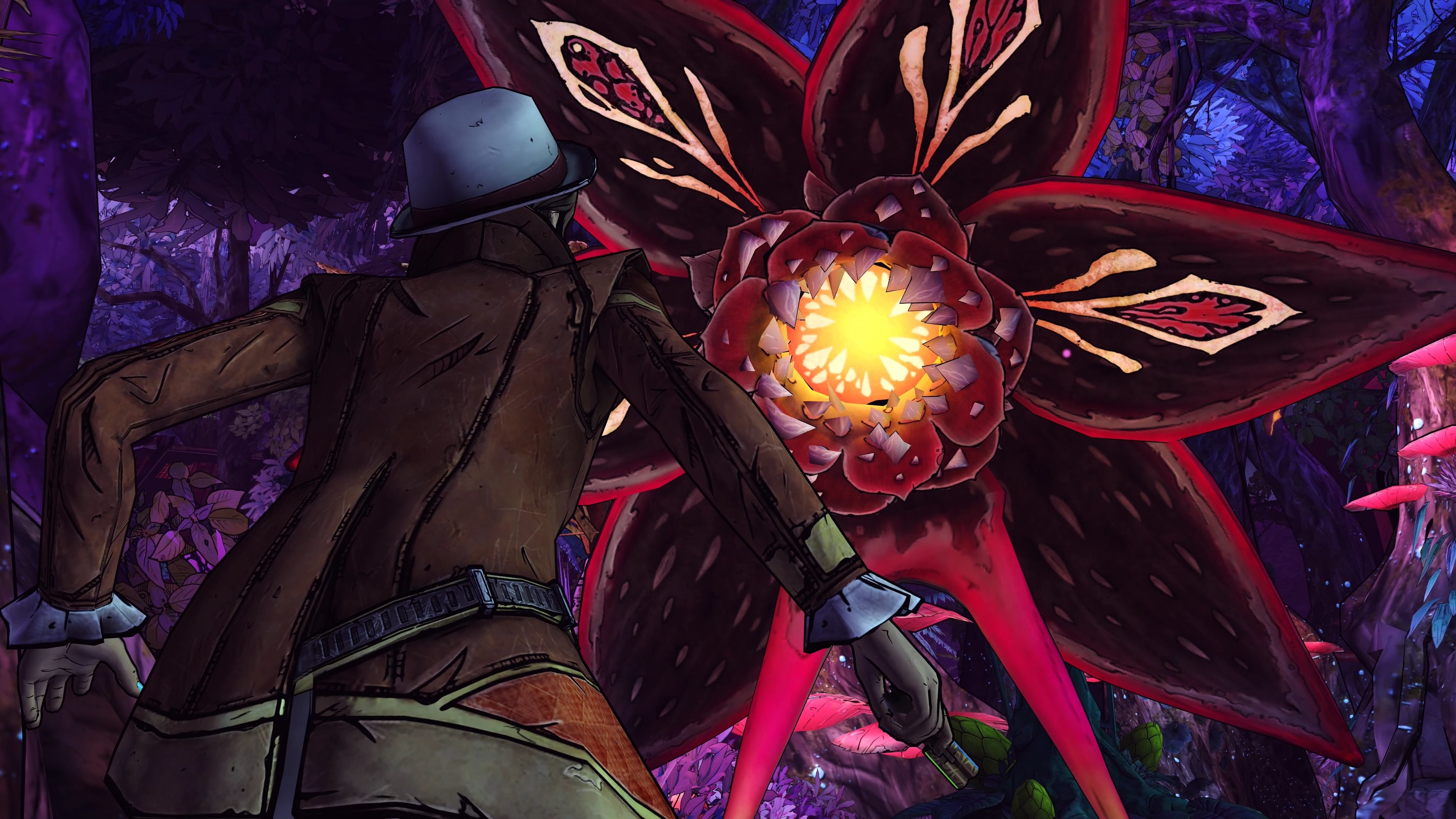 Tales from the Borderlands screenshot: cel-shaded, third-person, fixed camera, black outlines, soft gradient (character, combat)