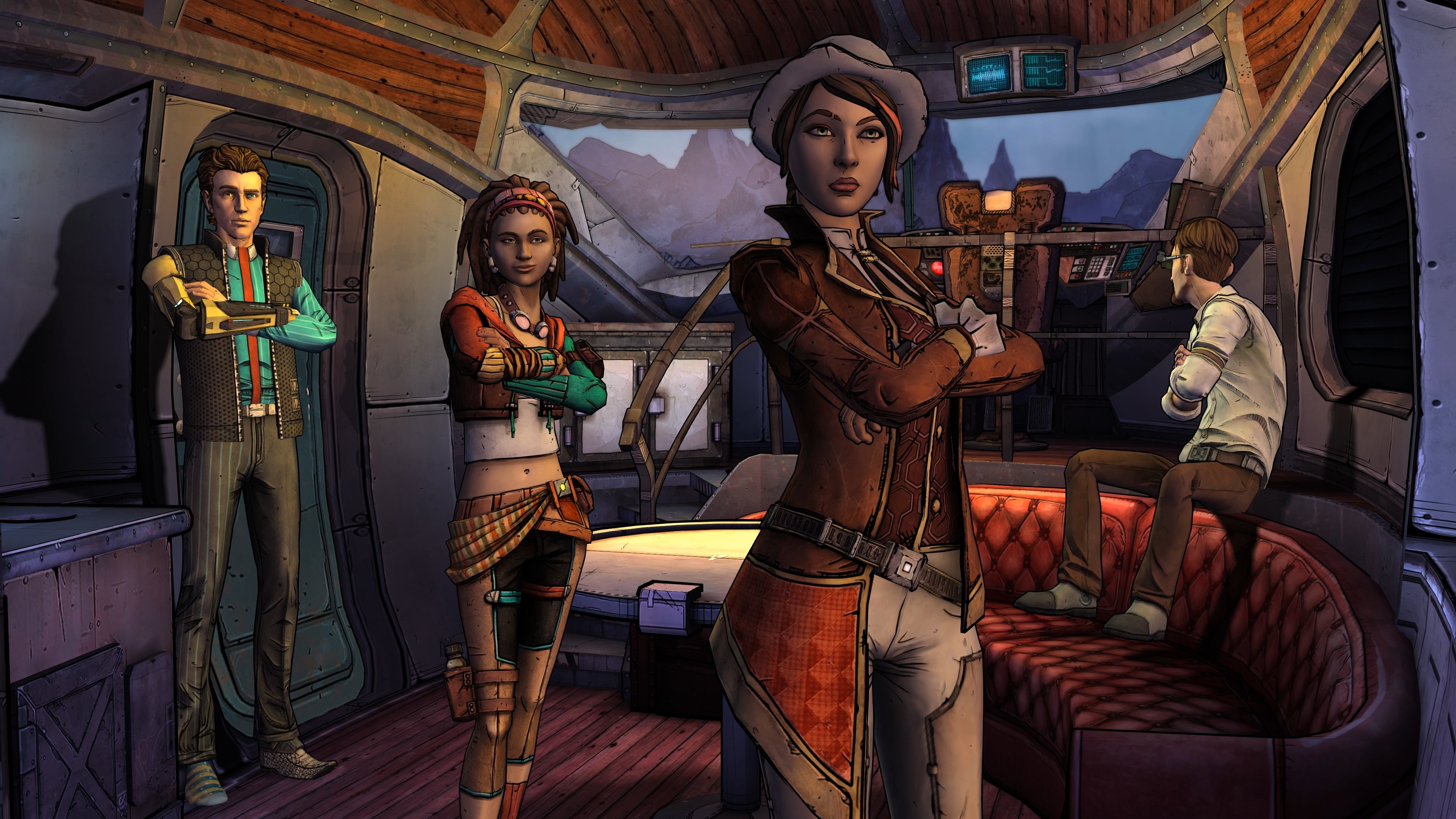 Tales from the Borderlands screenshot: cel-shaded, third-person, fixed camera, black outlines, soft gradient (environment, character, cutscene)