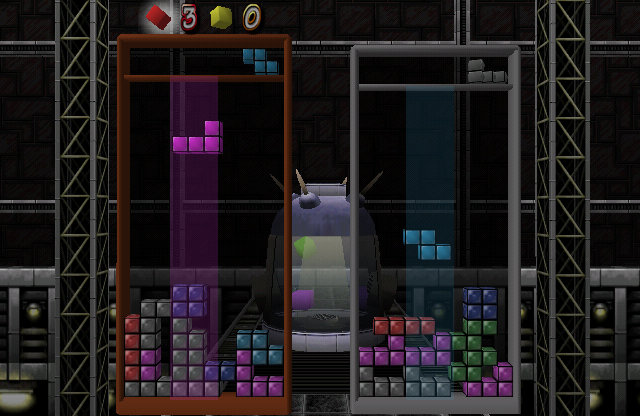 Tetris 4D screenshot: stylized 3d, fixed camera, no outlines, soft gradient (ui / menu)