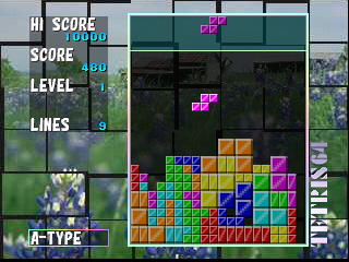 Tetris 64 screenshot: digitized / fmv, pixel art, fixed camera (ui / menu)