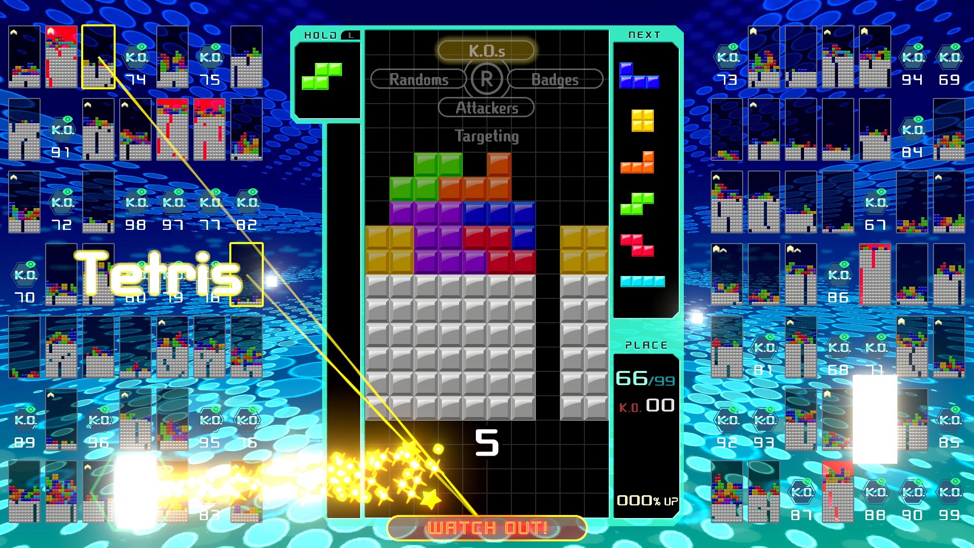 Tetris 99 screenshot: vector / flat, fixed camera, soft gradient (ui / menu)