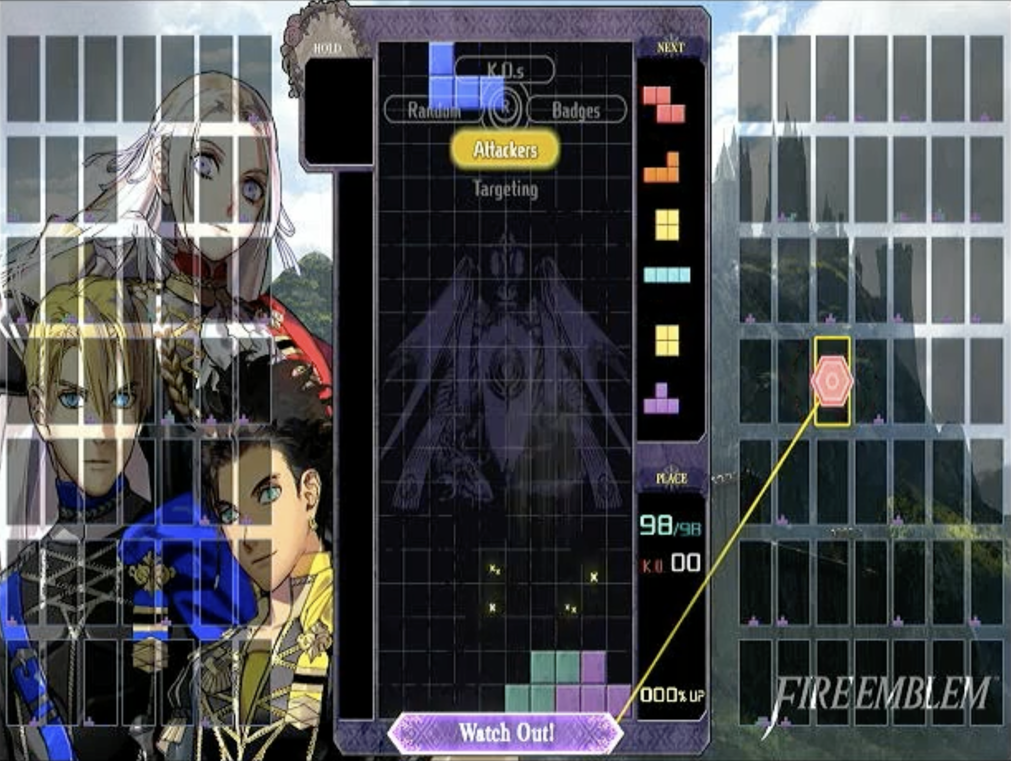 Tetris 99 screenshot: vector / flat, fixed camera, soft gradient (ui / menu)