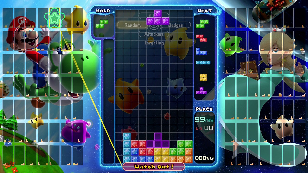 Tetris 99 screenshot: vector / flat, fixed camera, soft gradient (ui / menu)