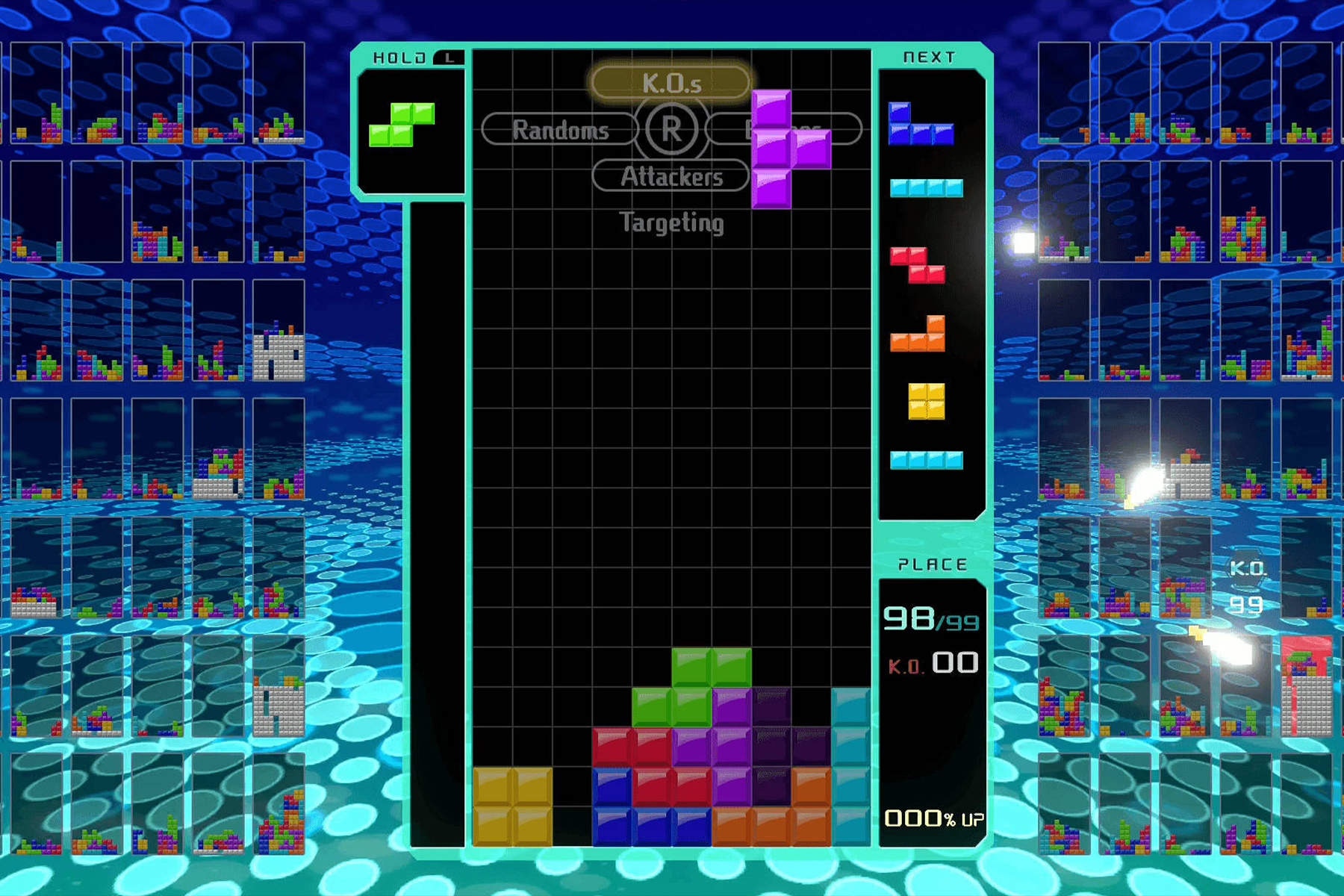 Tetris 99 screenshot: vector / flat, fixed camera, soft gradient (ui / menu)
