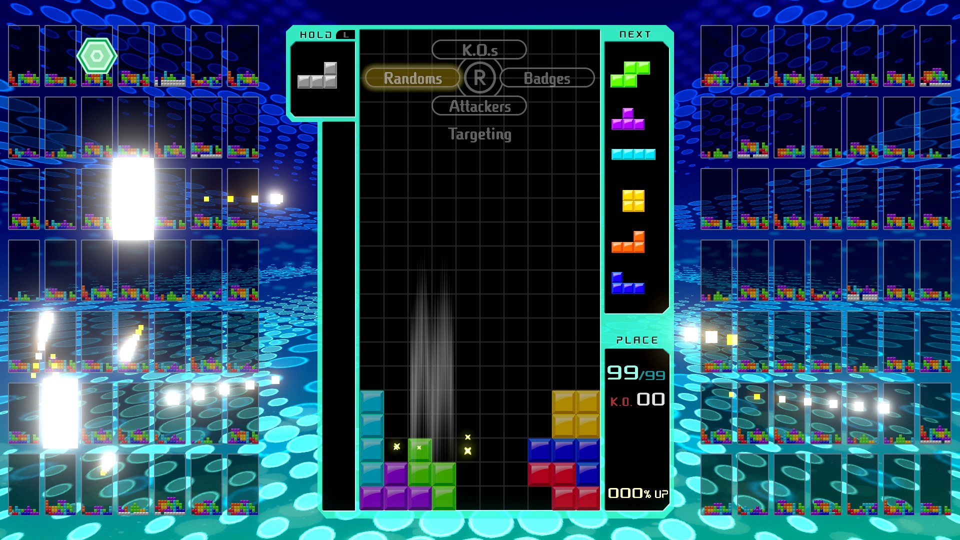 Tetris 99 screenshot: vector / flat, fixed camera, soft gradient (ui / menu)