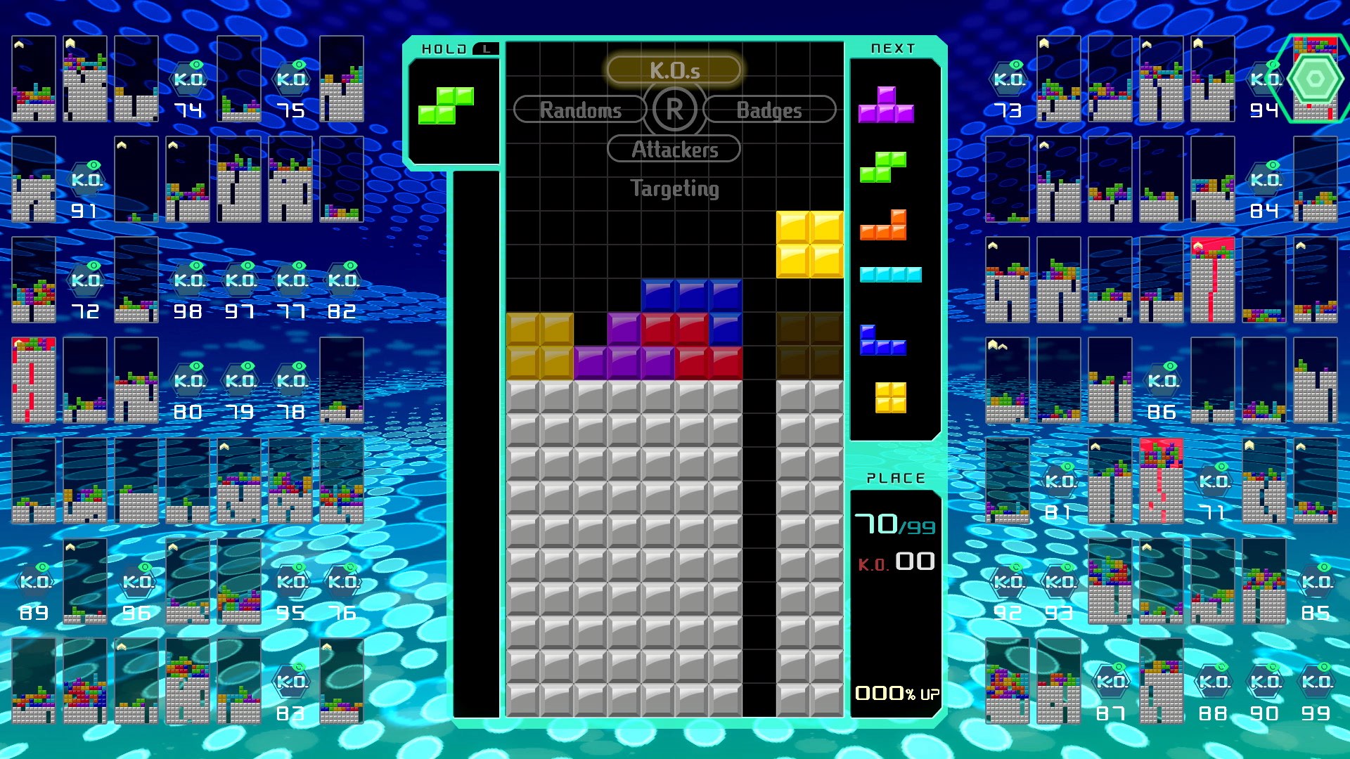 Tetris 99 screenshot: vector / flat, fixed camera, soft gradient (ui / menu)