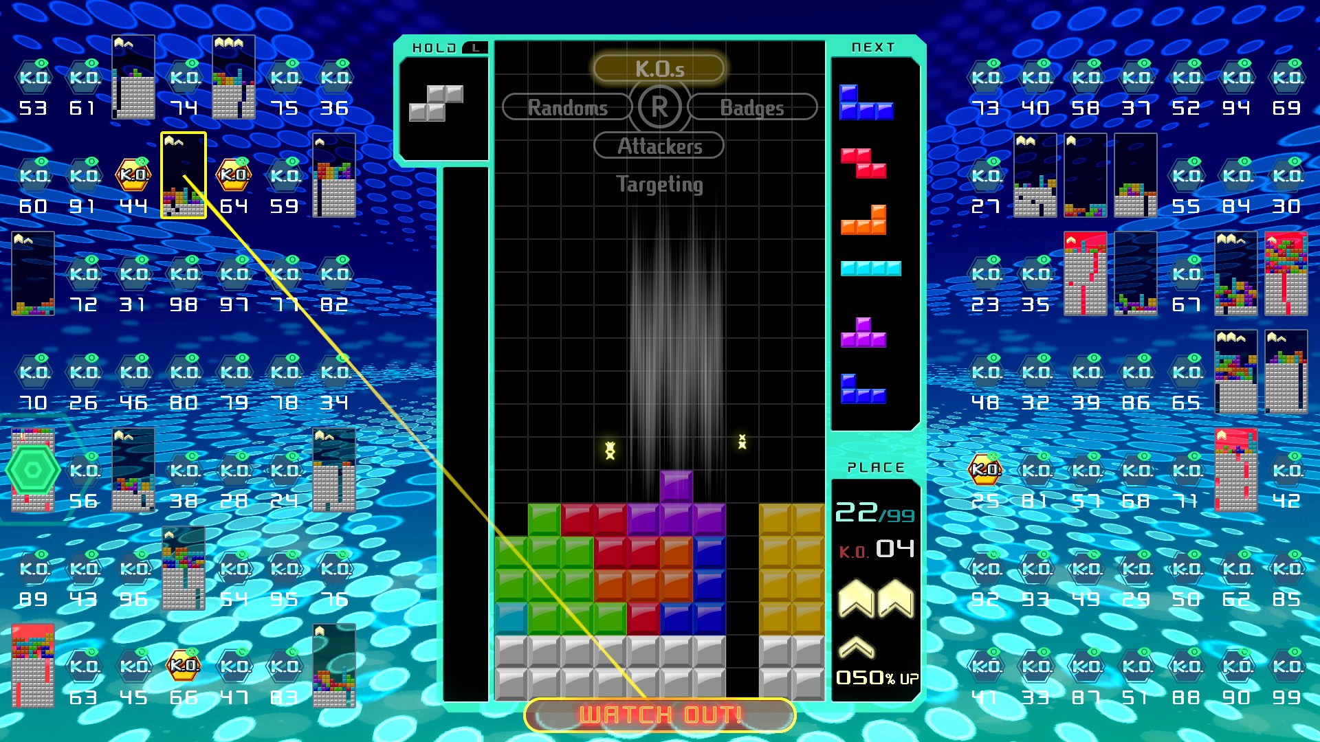 Tetris 99 screenshot: vector / flat, fixed camera, soft gradient (ui / menu)