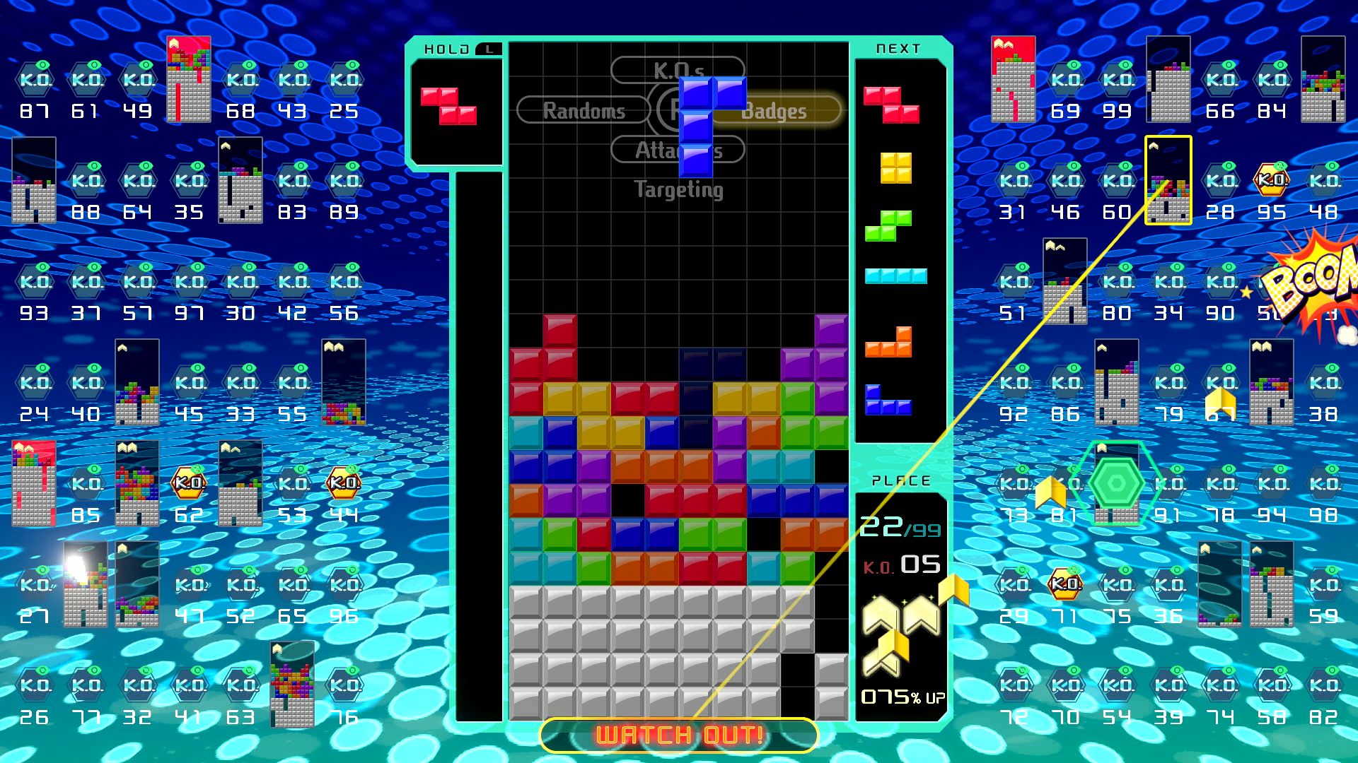 Tetris 99 screenshot: vector / flat, fixed camera, soft gradient (ui / menu)