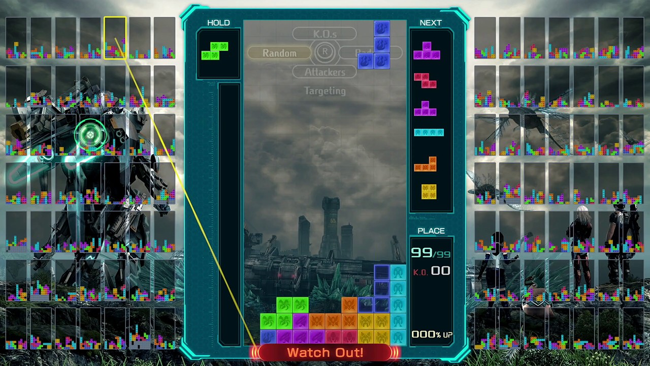 Tetris 99 screenshot: vector / flat, fixed camera, soft gradient (ui / menu)