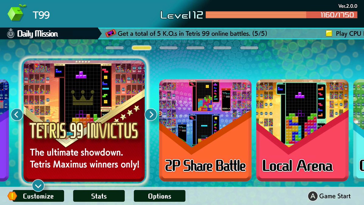 Tetris 99 screenshot: vector / flat, fixed camera, soft gradient (ui / menu)